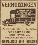 717108 Advertentie van G. van den Brink & Zonen - Verhuizingen en expeditie (Goedestraat 114-116) te Utrecht.